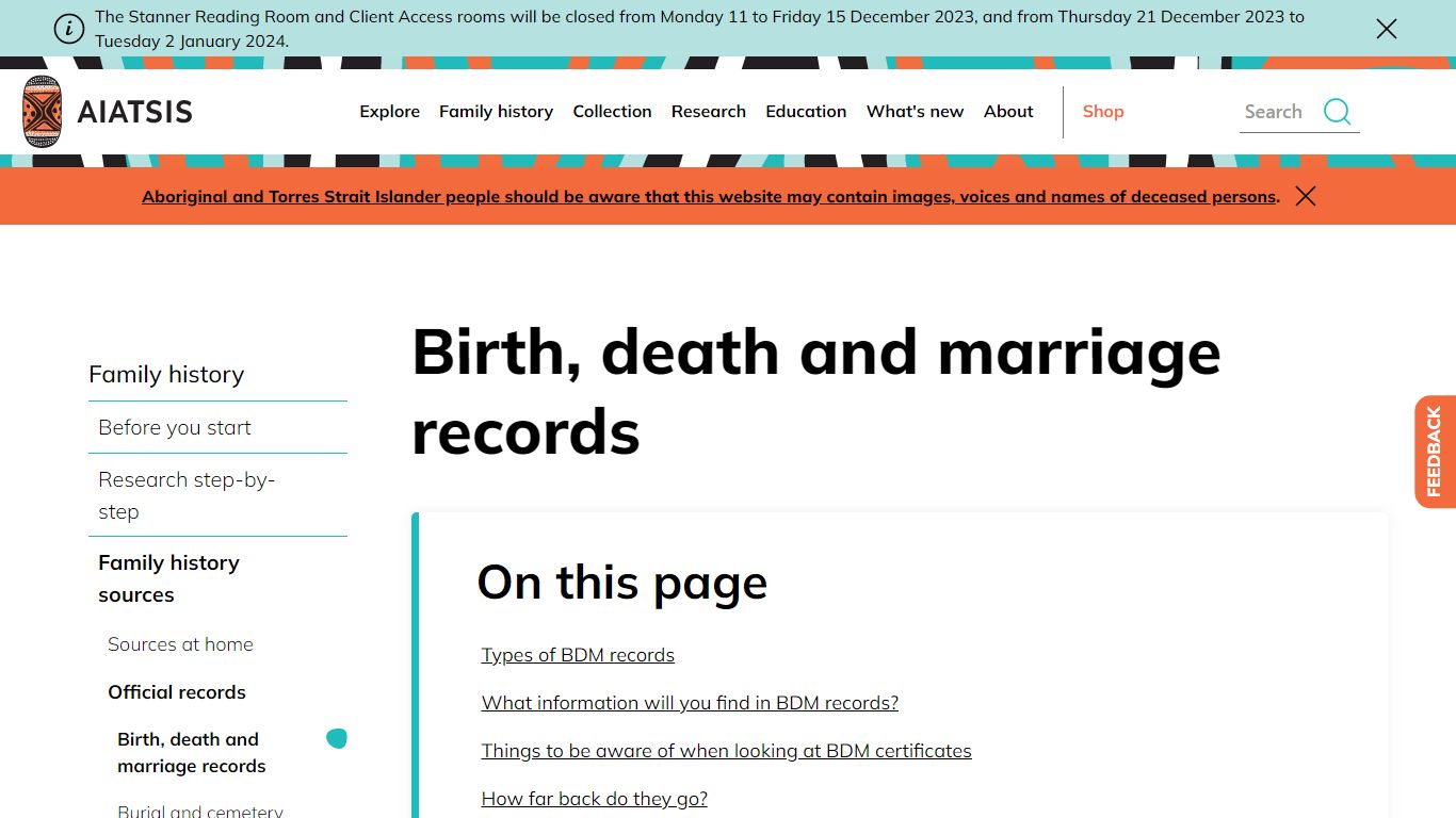 Birth, death and marriage records | AIATSIS