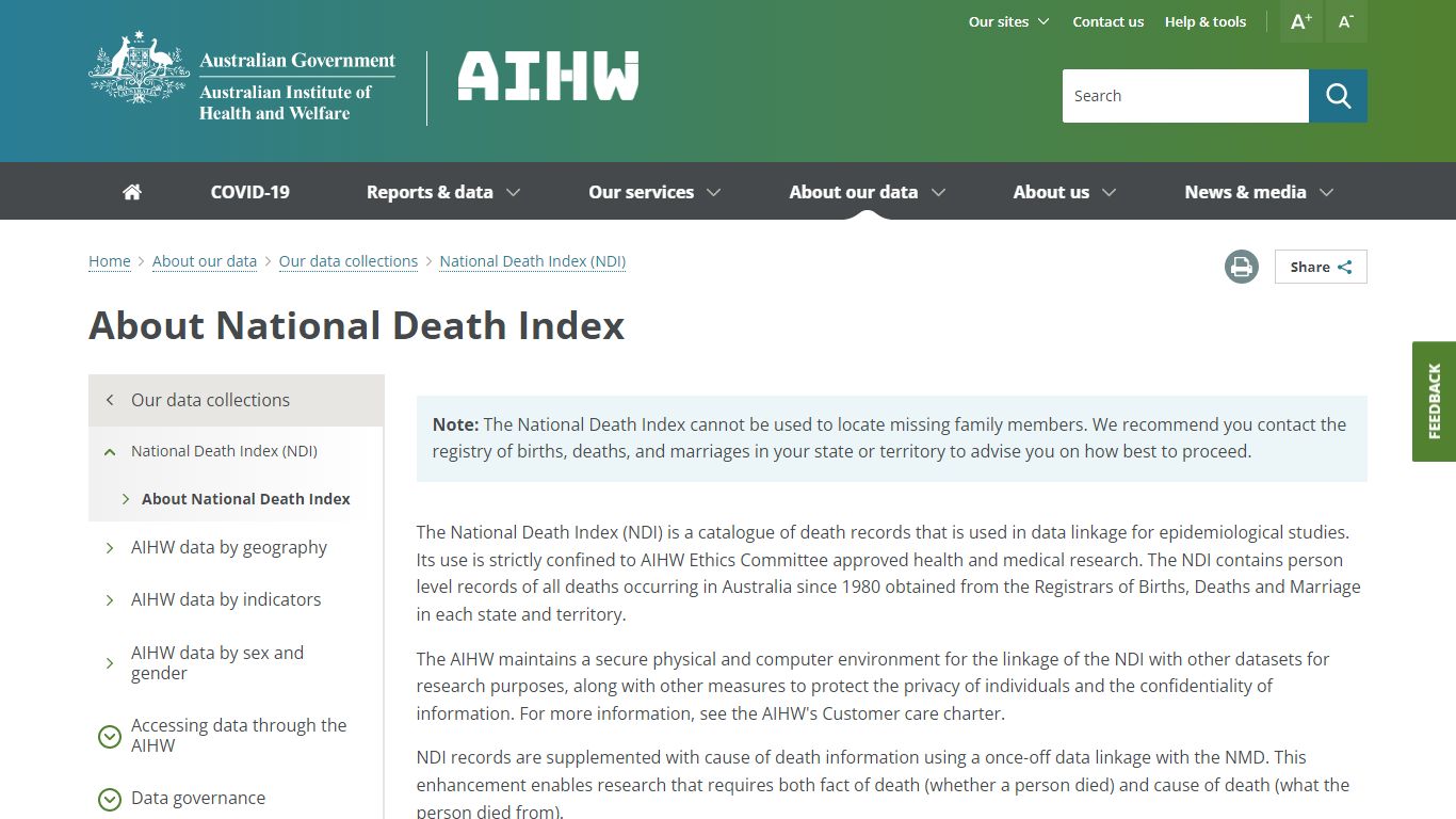 About National Death Index - Australian Institute of Health and Welfare